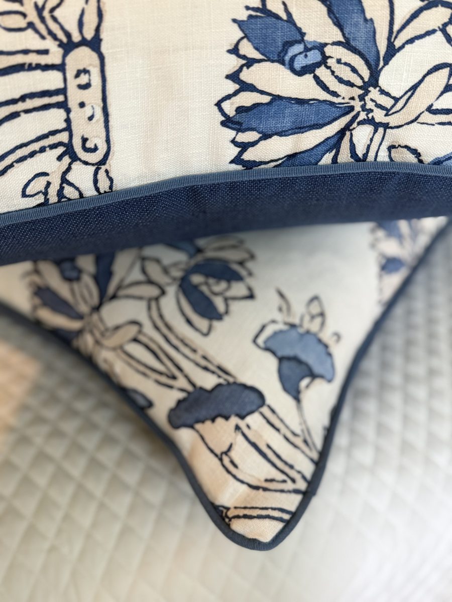 Heidi pillow navy piping and navy linen back close-up detail