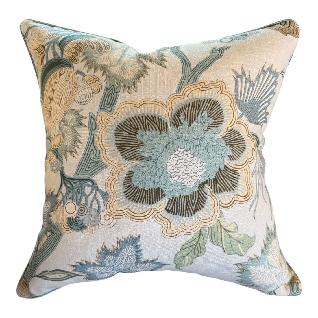 Indienne Jacobean pillow in soft blue and cream Thibaut floral fabric by PepperTree Designs