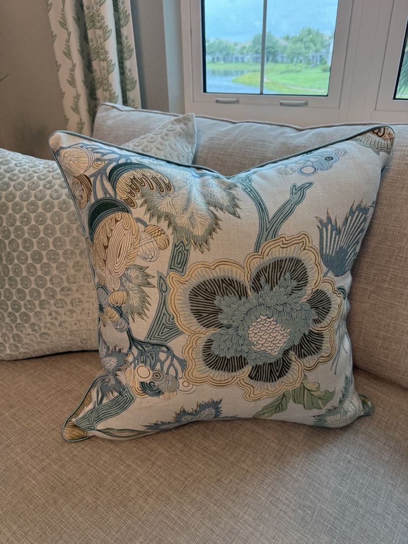 Indienne Jacobean Thibaut floral pillow styled on sofa