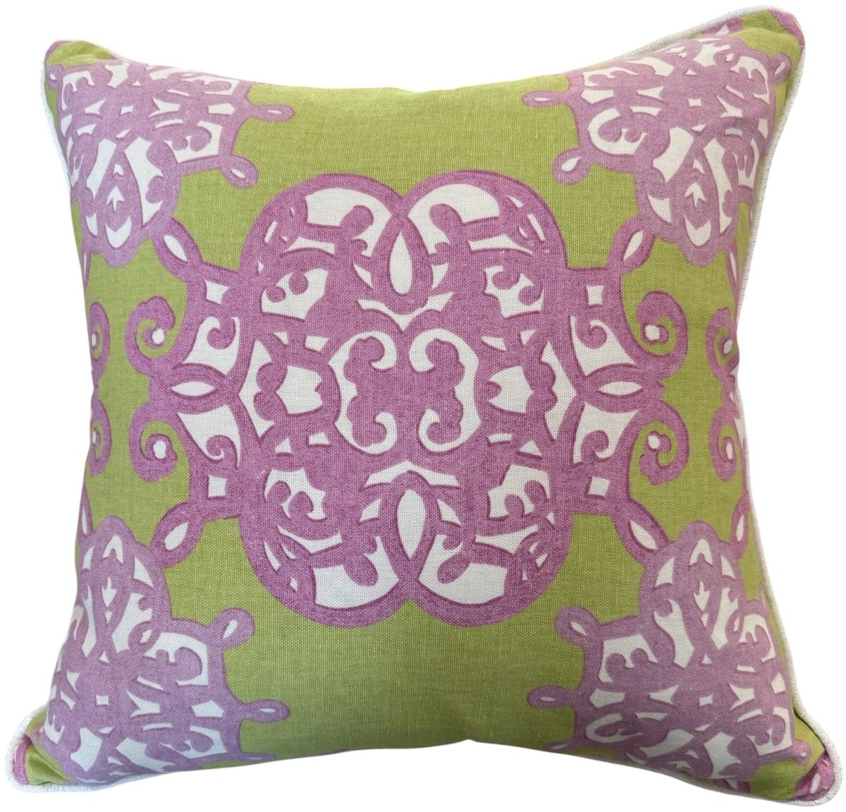 Jakarta Thibaut medallion pillow in chartreuse and magenta by PepperTree Designs