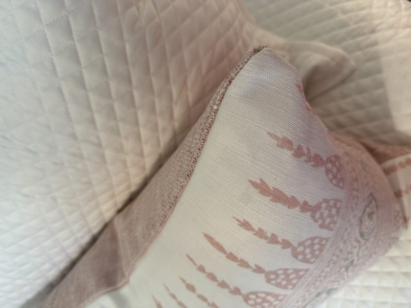 Javanese Stripe blush pillow corner detail with blush backing