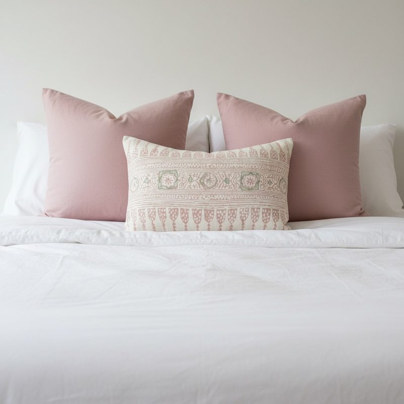 Javanese Stripe blush lumbar styled with pink pillows on bed