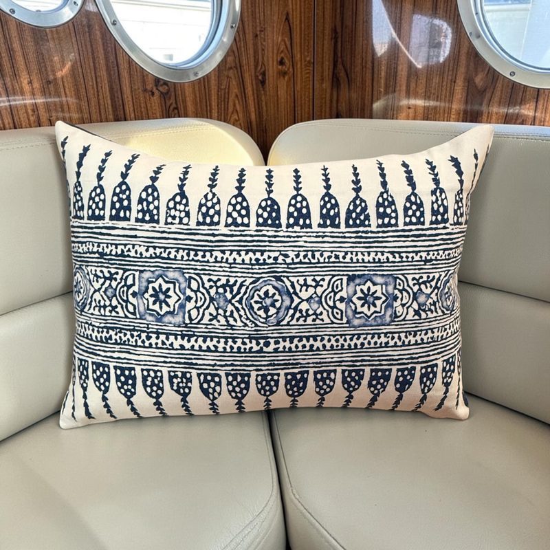 Javanese Stripe navy lumbar styled on boat seating