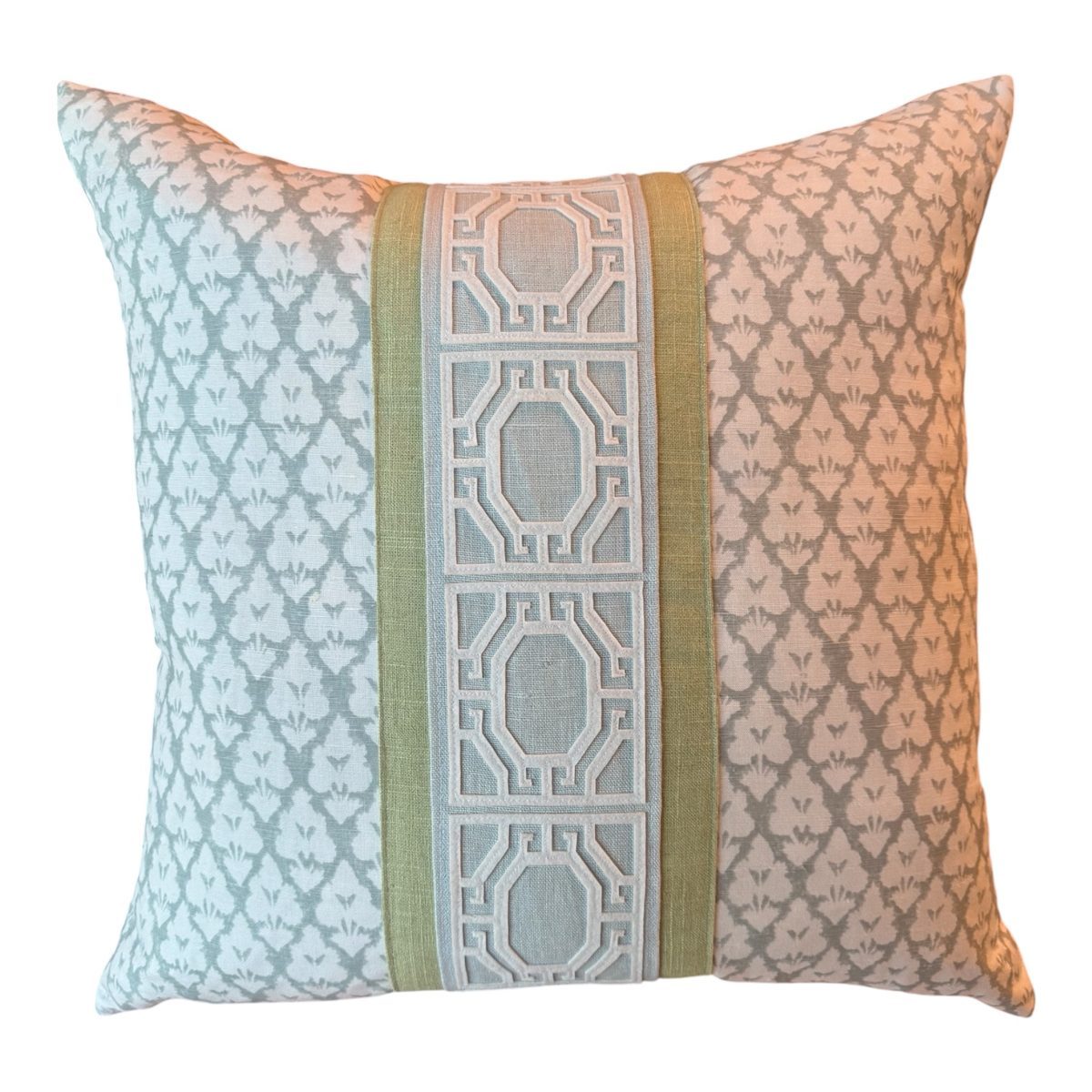 Jennifer spa blue butterfly print pillow with green band and white trellis tape by PepperTree Designs
