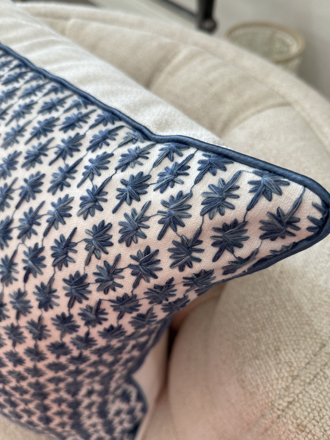 Kristin pillow embroidery and piping corner detail