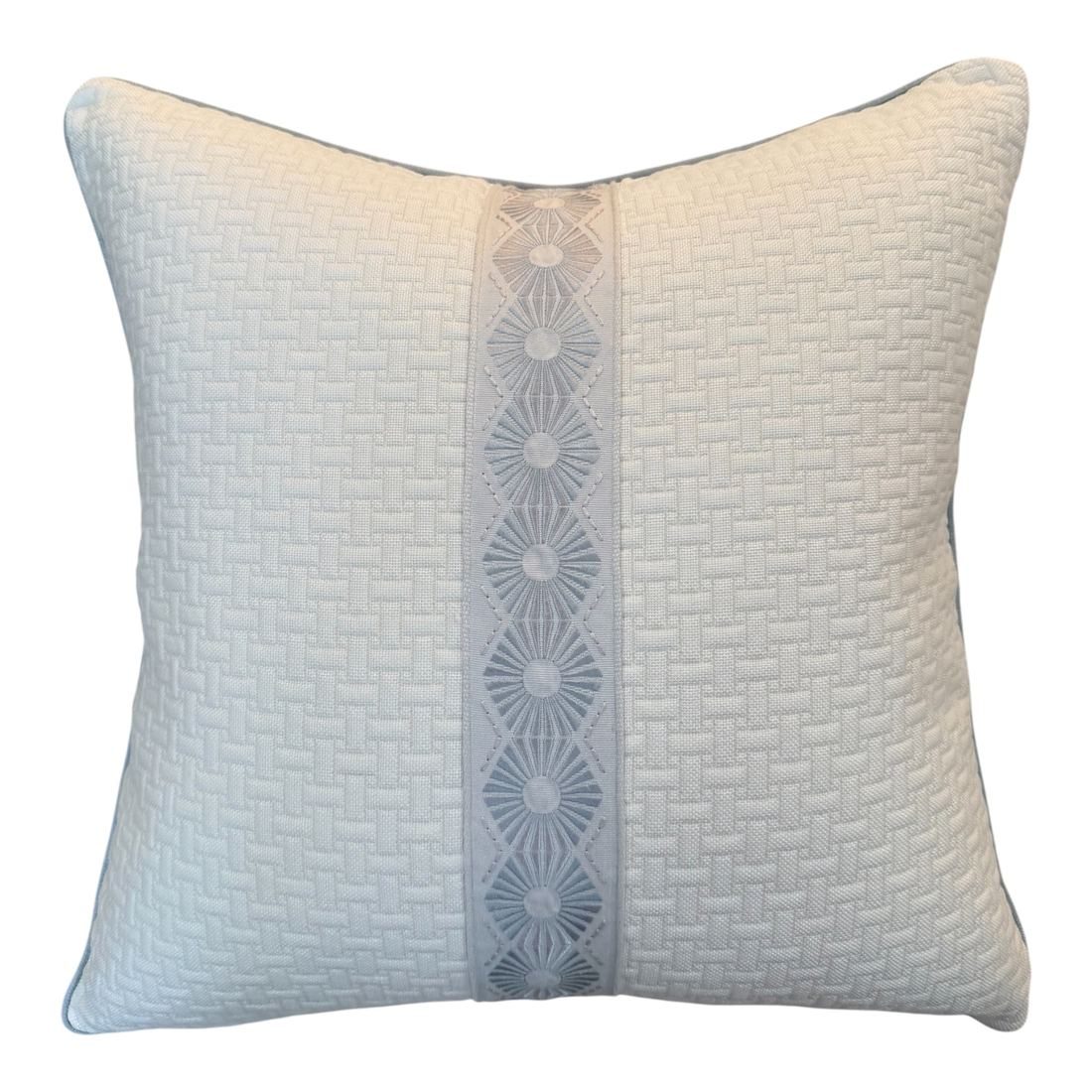 Lisa pillow in ivory textured fabric with blue grey trim by PepperTree Designs