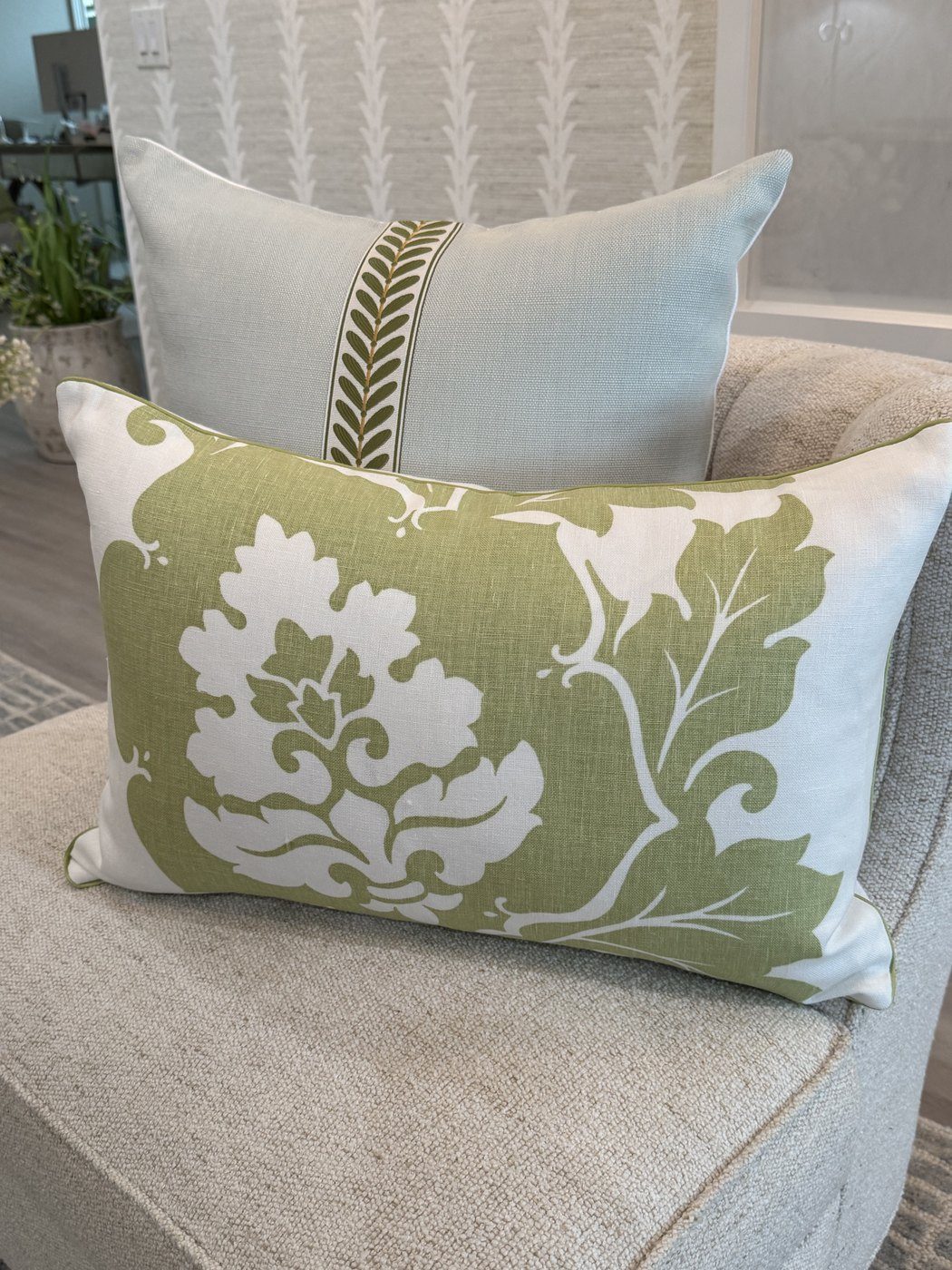 Margate pillow styled with pale blue leaf trim pillow