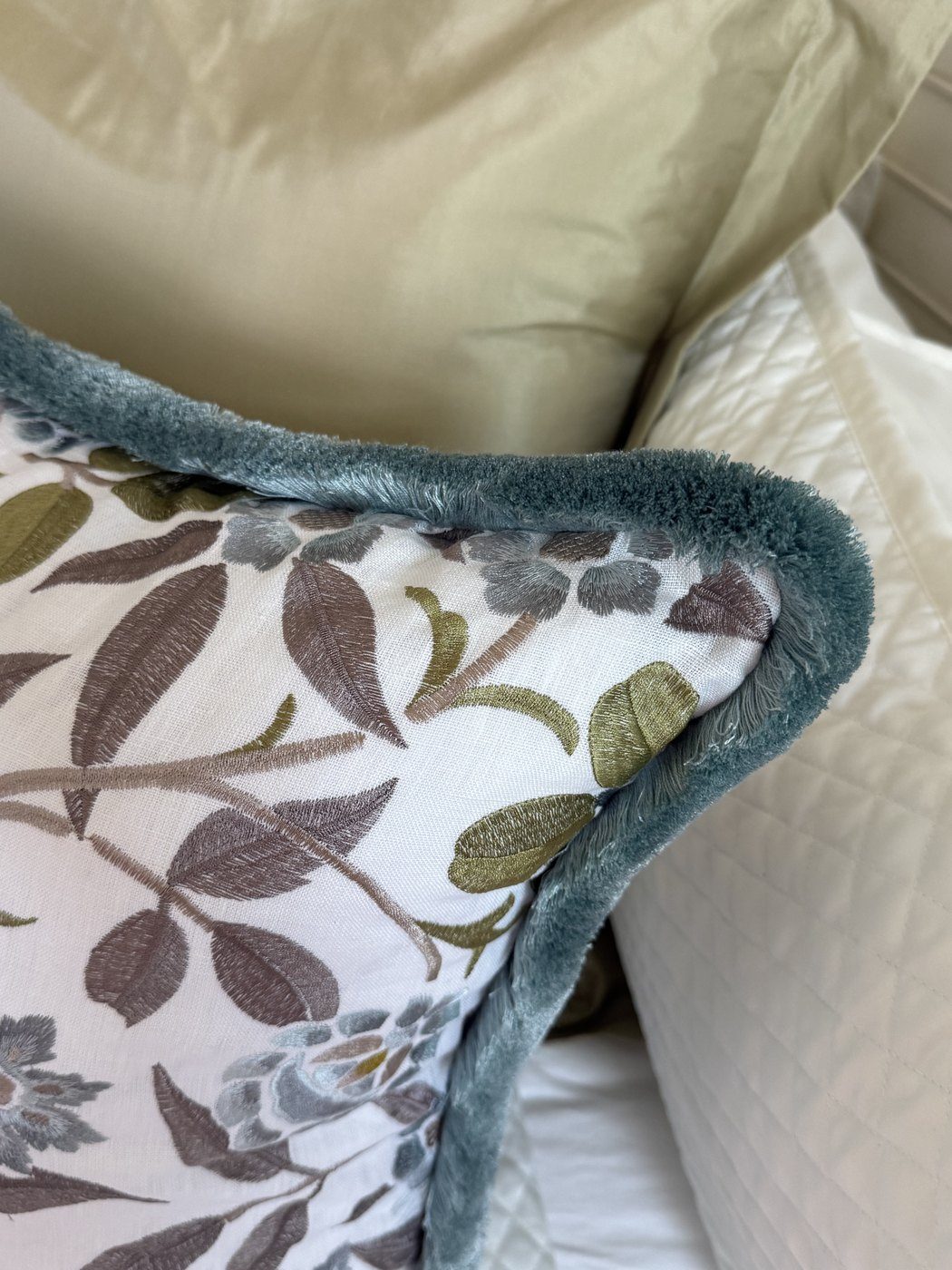 Meadowfield pillow brushed blue fringe corner detail