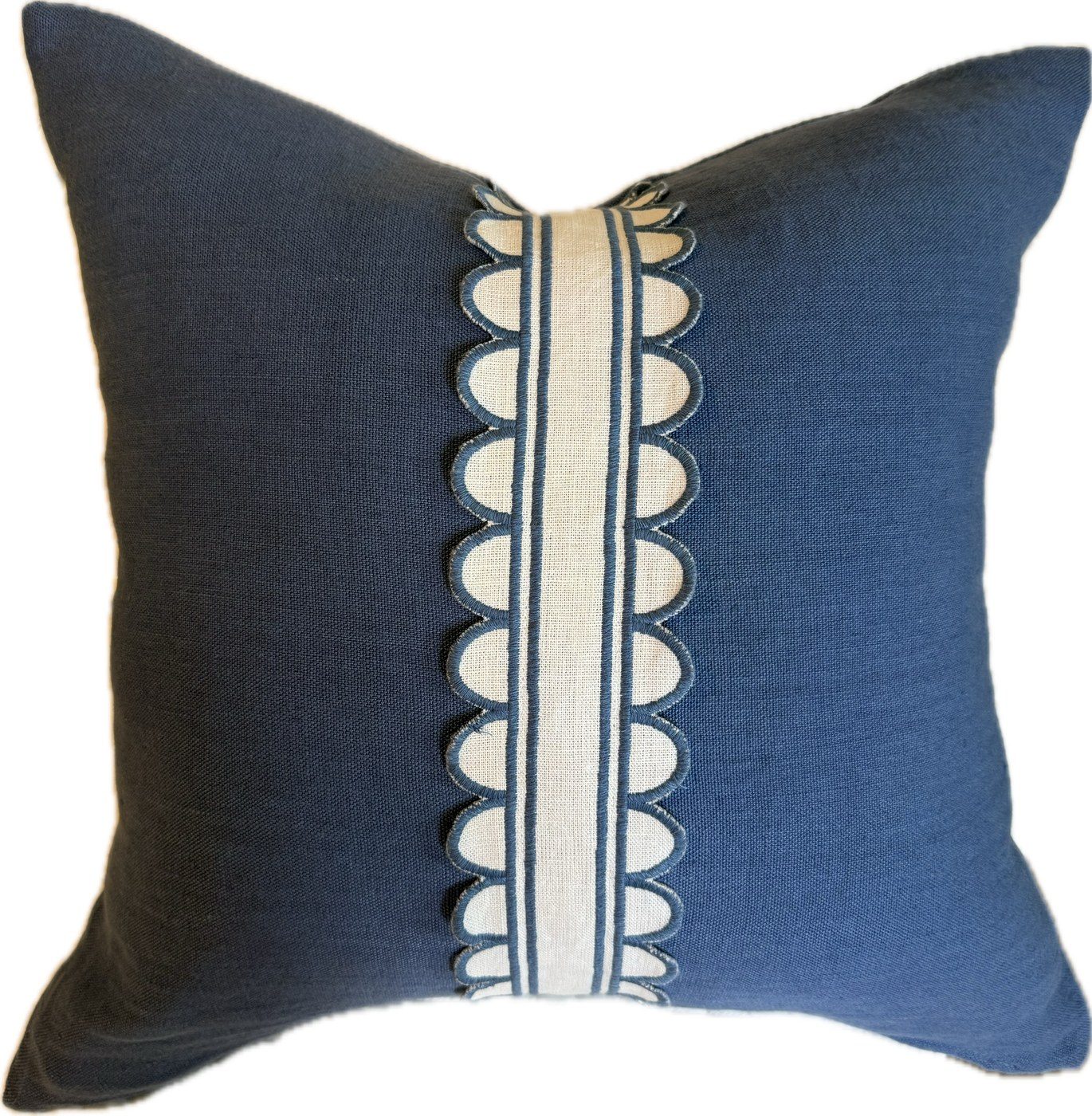 Navy Scallop pillow with cream embroidered scallop tape trim by PepperTree Designs