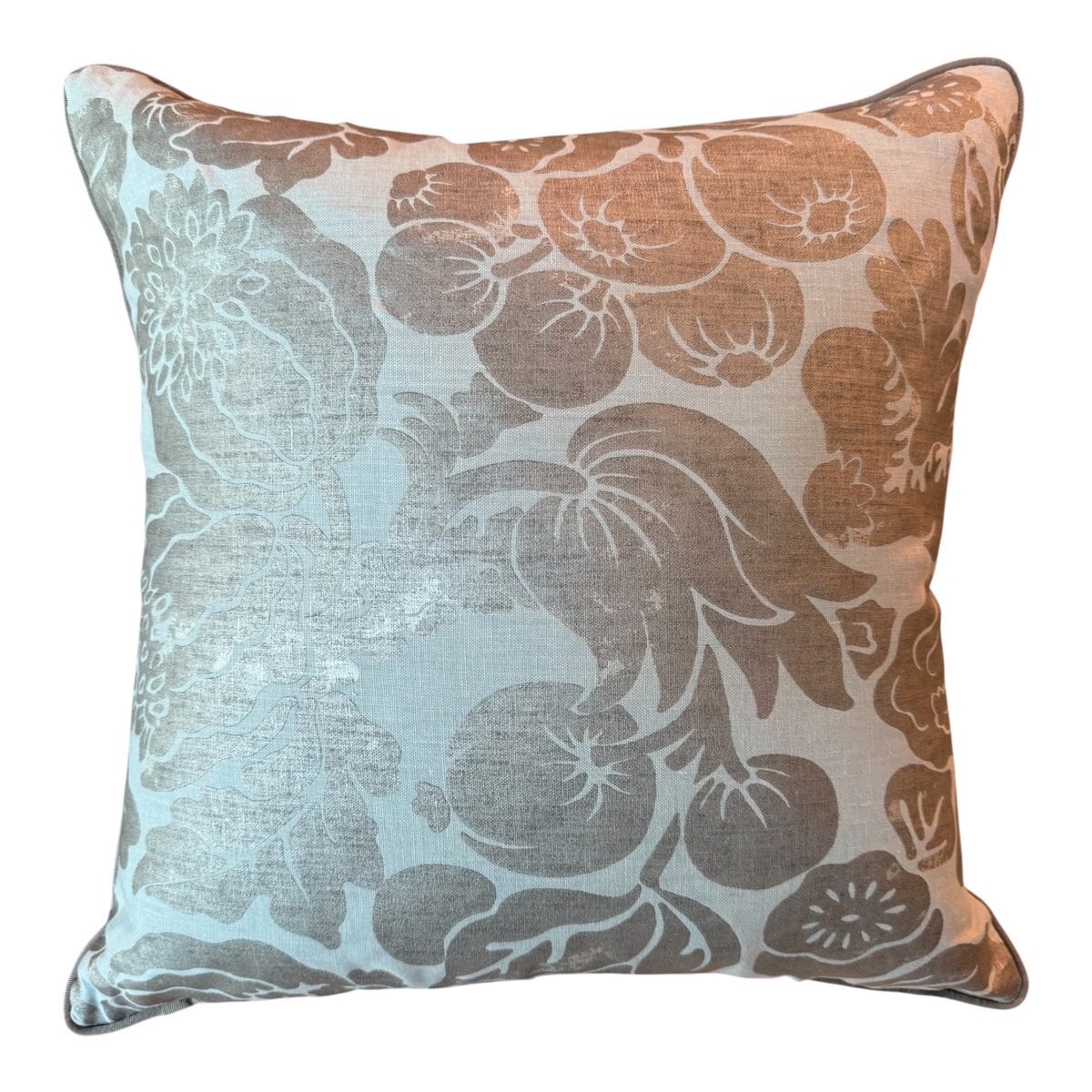 Norden Scalamandre Italian damask pillow in silver and gold linen floating product shot by PepperTree Designs