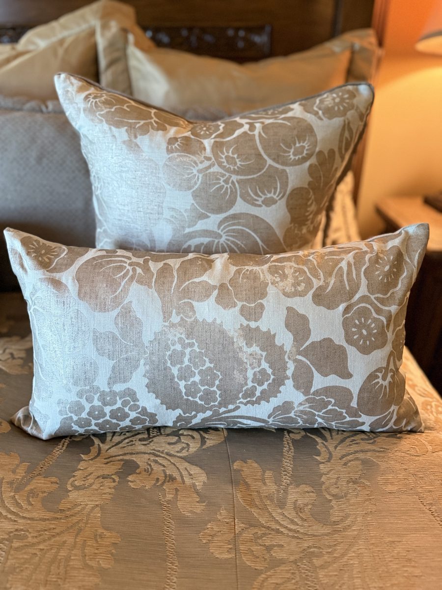 Norden Scalamandre damask pillow paired with matching lumbar by PepperTree Designs
