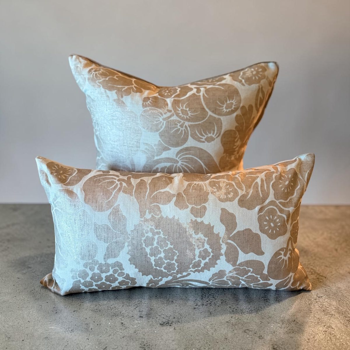 Norden Scalamandre damask pillow and matching lumbar studio shot by PepperTree Designs