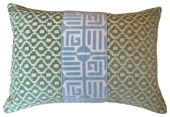 Green geometric lumbar with Thibaut Labyrinth spa blue stripe by PepperTree Designs