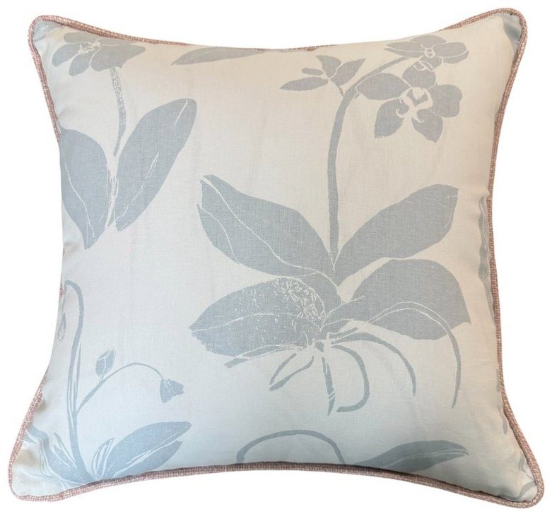 Orchids soft blue and white floral pillow with blush piping floating product shot by PepperTree Designs