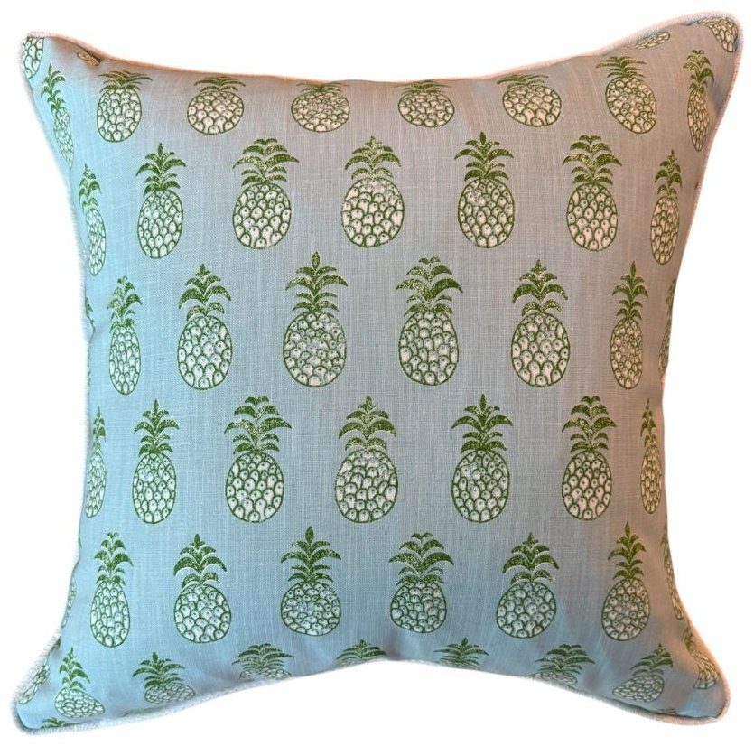 Pina Cove blue and green Schumacher pineapple indoor outdoor pillow with white piping by PepperTree Designs