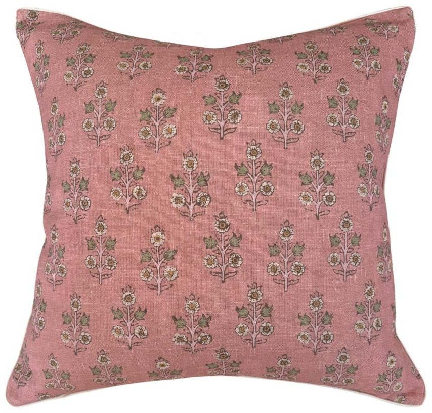 Poppy Sprig rose block print pillow with ivory piping full view by PepperTree Designs