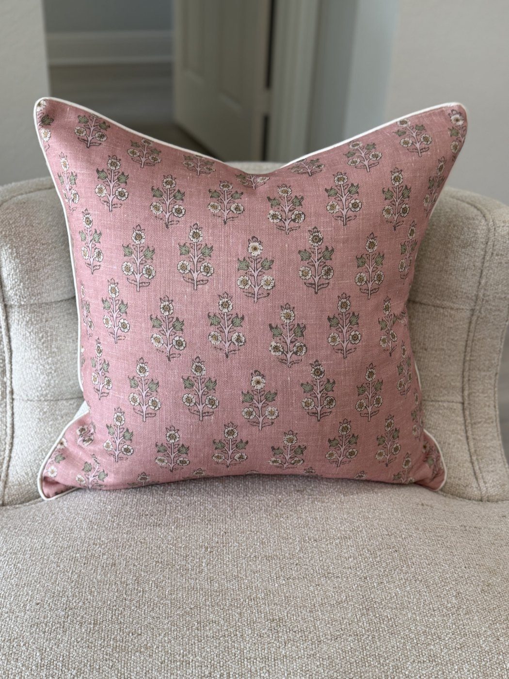 Poppy Sprig rose block print pillow with ivory satin piping by PepperTree Designs