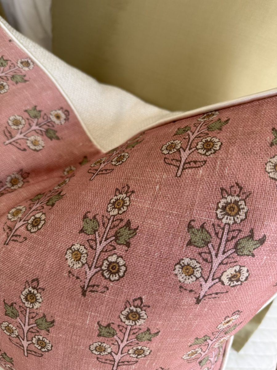 Poppy Sprig rose block print fabric and ivory piping close-up