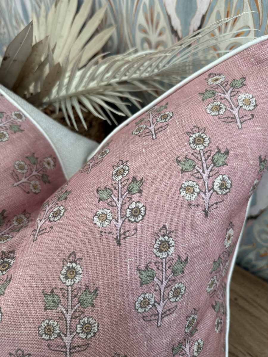 Poppy Sprig rose block print fabric draped close-up