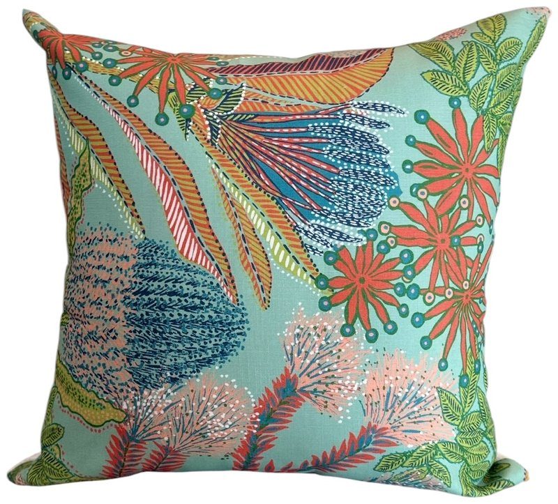 Protea indoor outdoor pillow in seafoam with coral botanical print by PepperTree Designs
