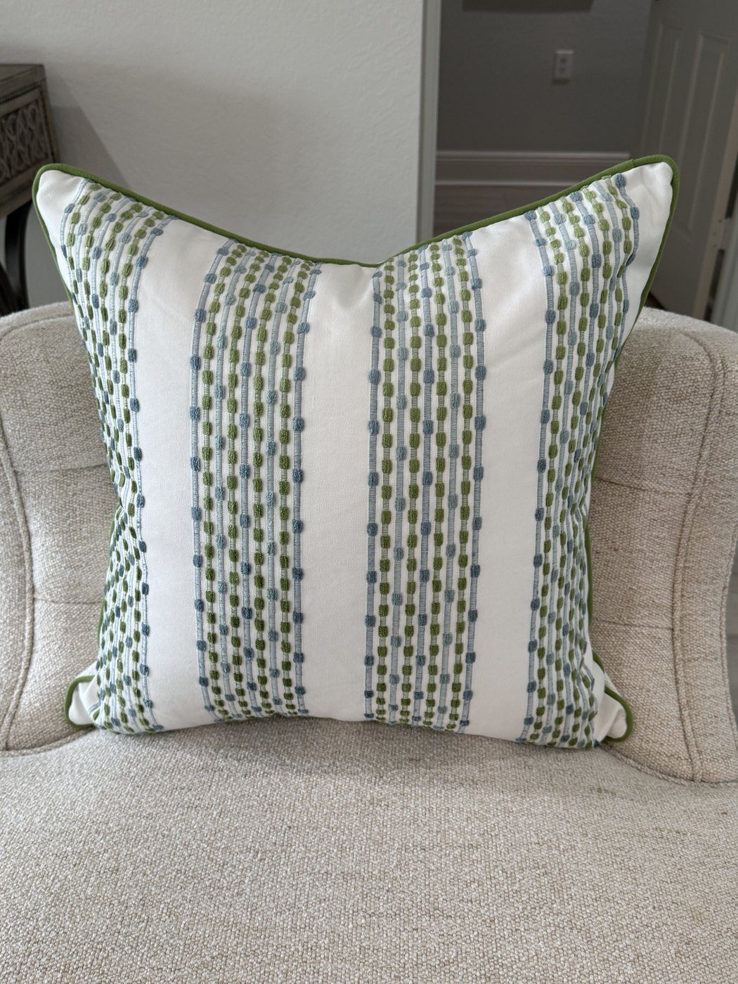Sherri's Stripes pillow full view with green piping by PepperTree Designs