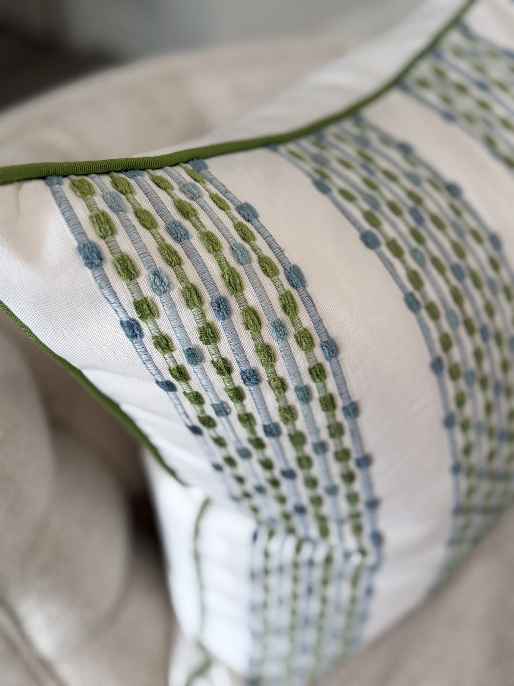 Sherri's Stripes embroidered chenille dot stripe detail with green piping
