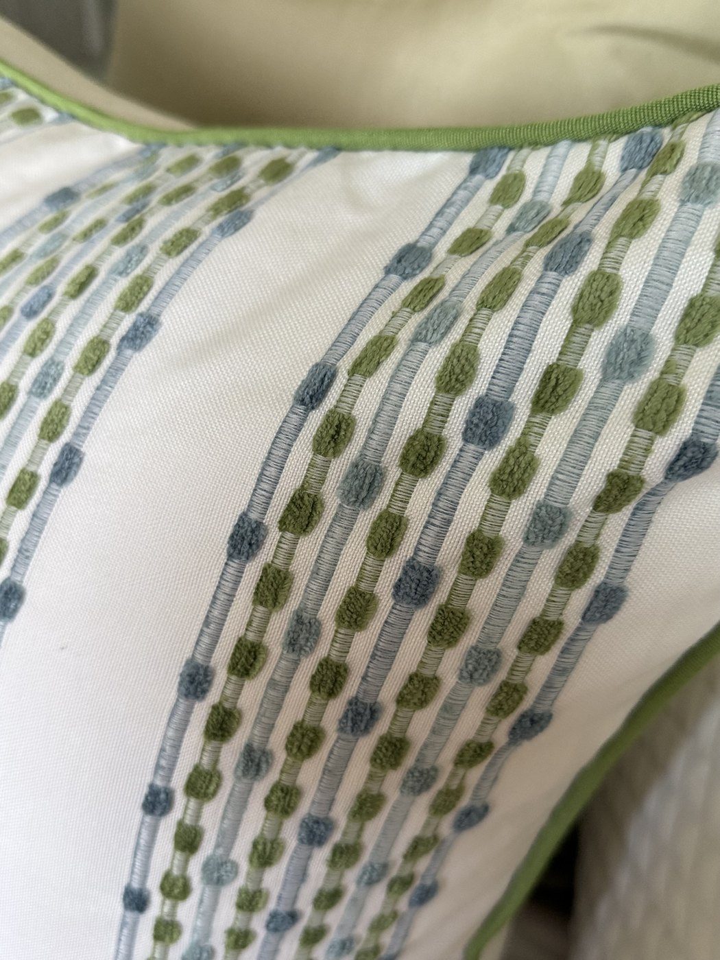 Sherri's Stripes blue and green chenille embroidery close-up