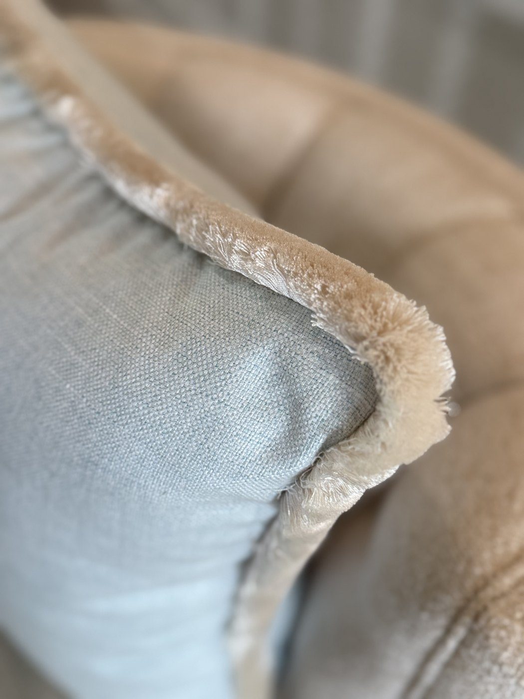 Simply Blue pillow white brush fringe corner detail
