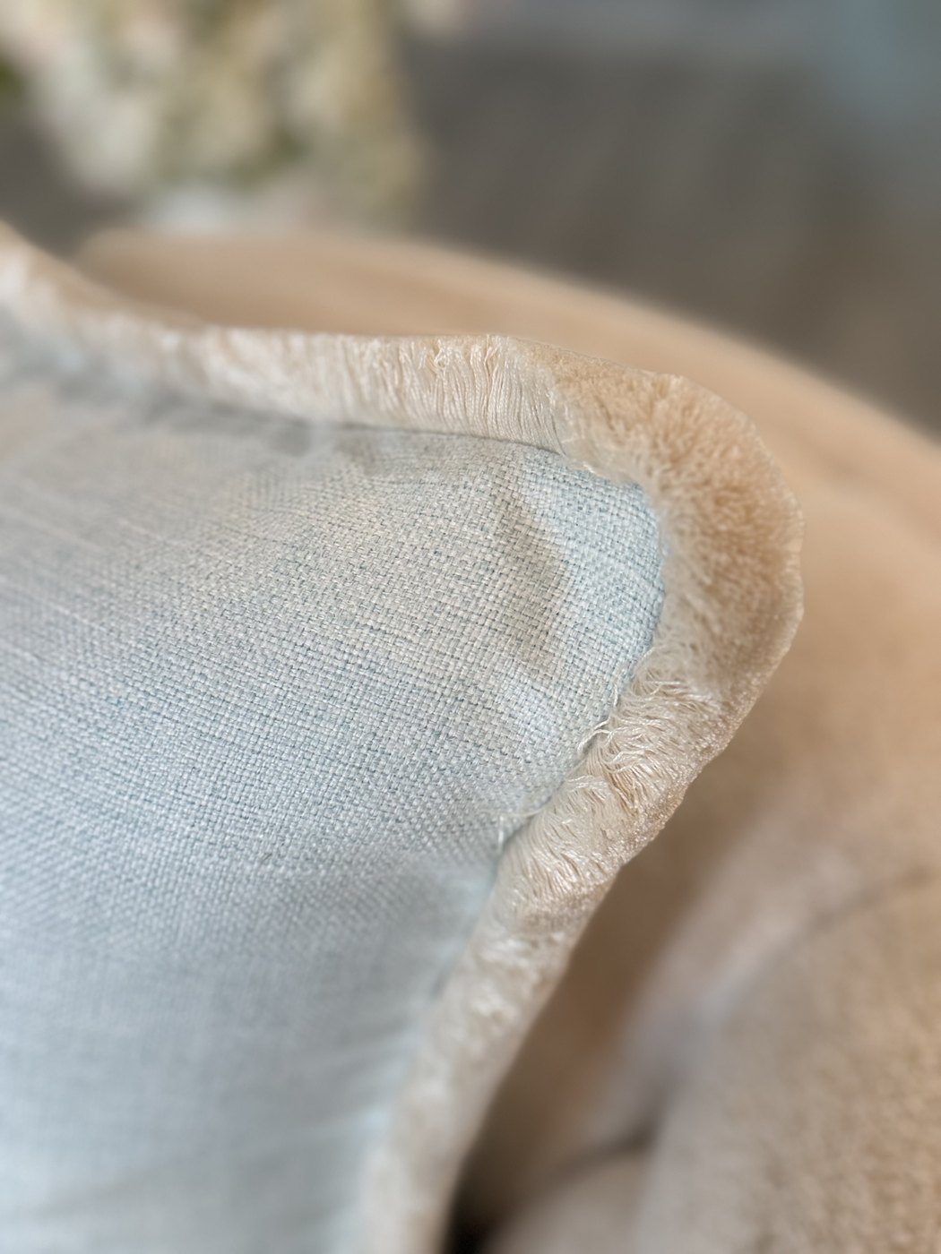 Simply Blue pale blue linen and fringe trim close-up