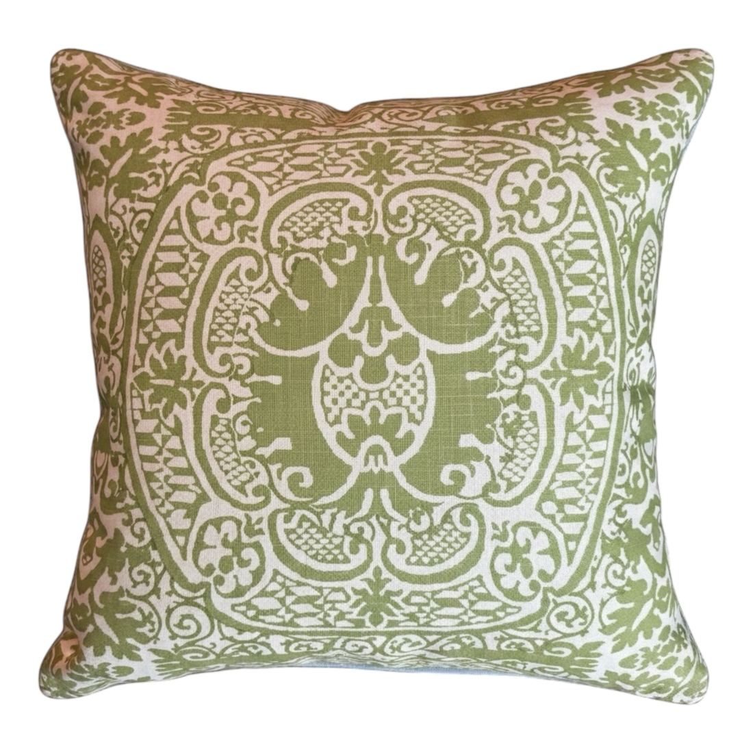 Veneto green hand crafted fabric pillow with green trim by PepperTree Designs