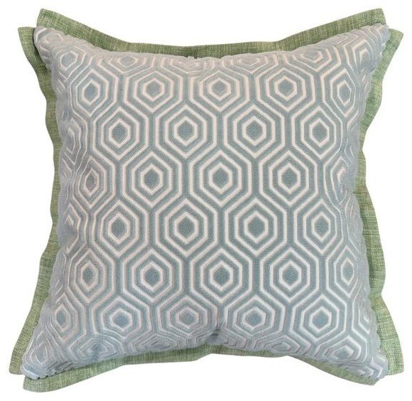 Spa blue hexagon cut velvet pillow with green flange by PepperTree Designs